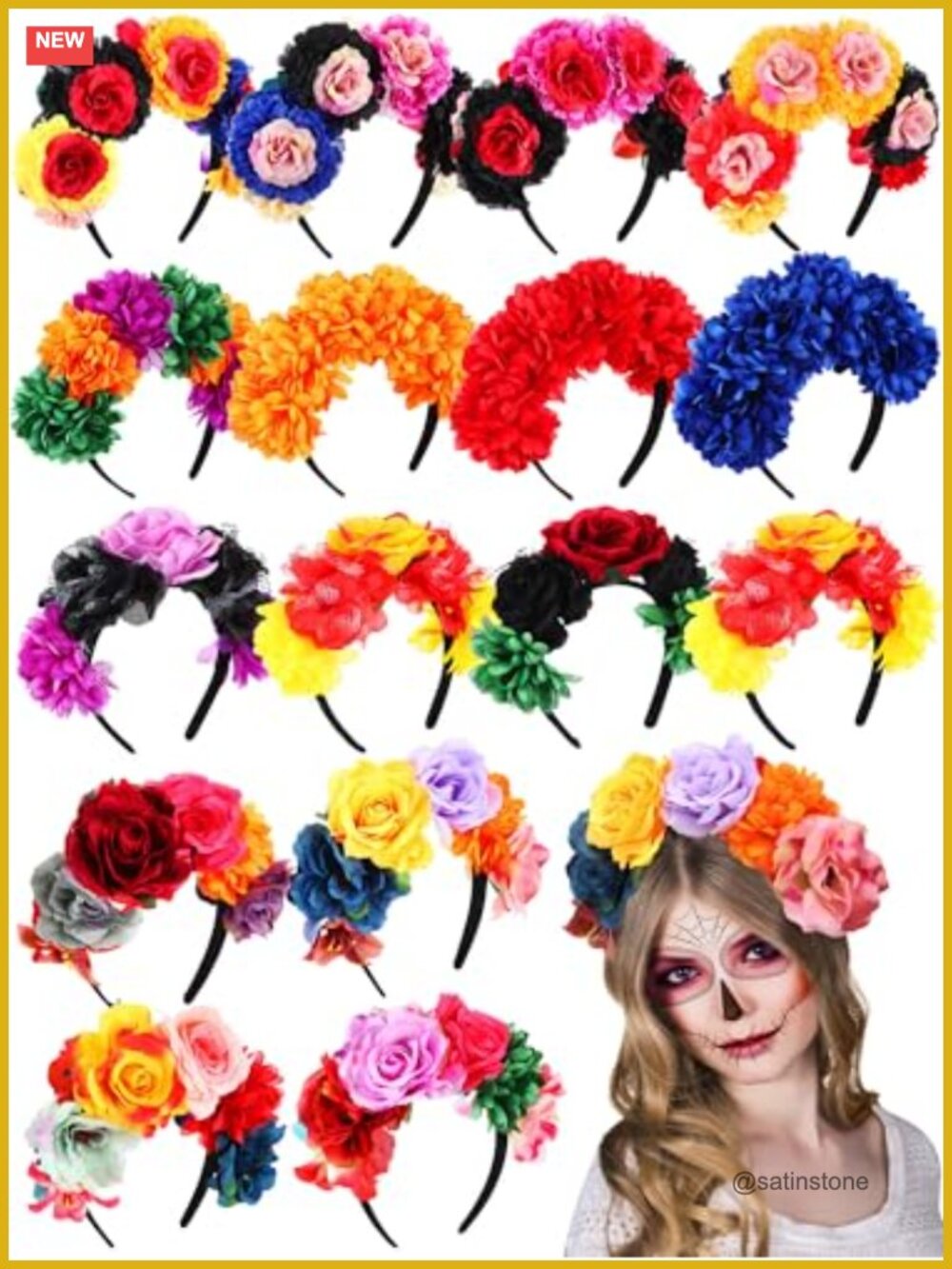 Floral Headbands Set 16 Pcs Day of the Dead Mexican Flower Crown Polyester